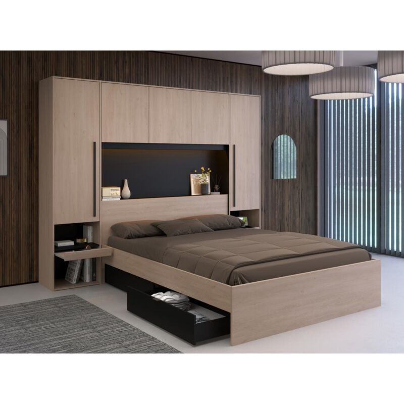 foto del prodotto letto con vani portaoggetti e led 160 x 200 cm naturale e nero velona