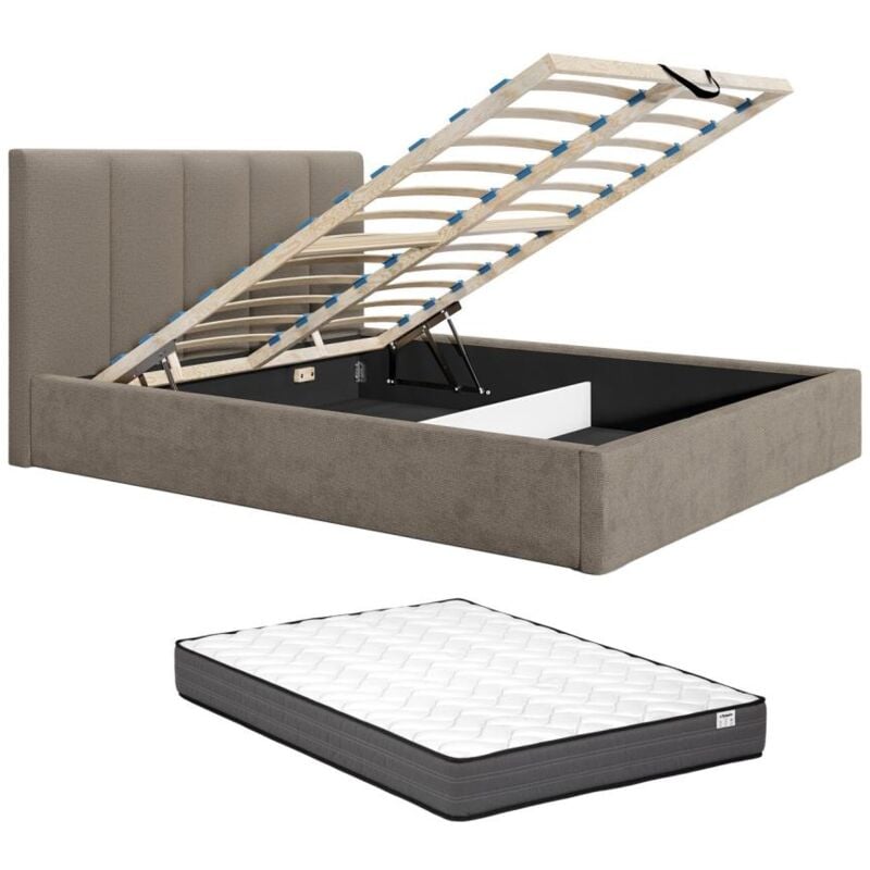 foto del prodotto letto contenitore 140 x 190 cm testata letto impunture verticali tessuto tortora con materasso kilaclo