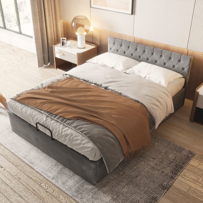 foto del prodotto letto contenitore 140 x 200 cm letto con contenitore in tessuto di velluto ripiani letto matrimoniale con contenitore, gambe in legno, grigio