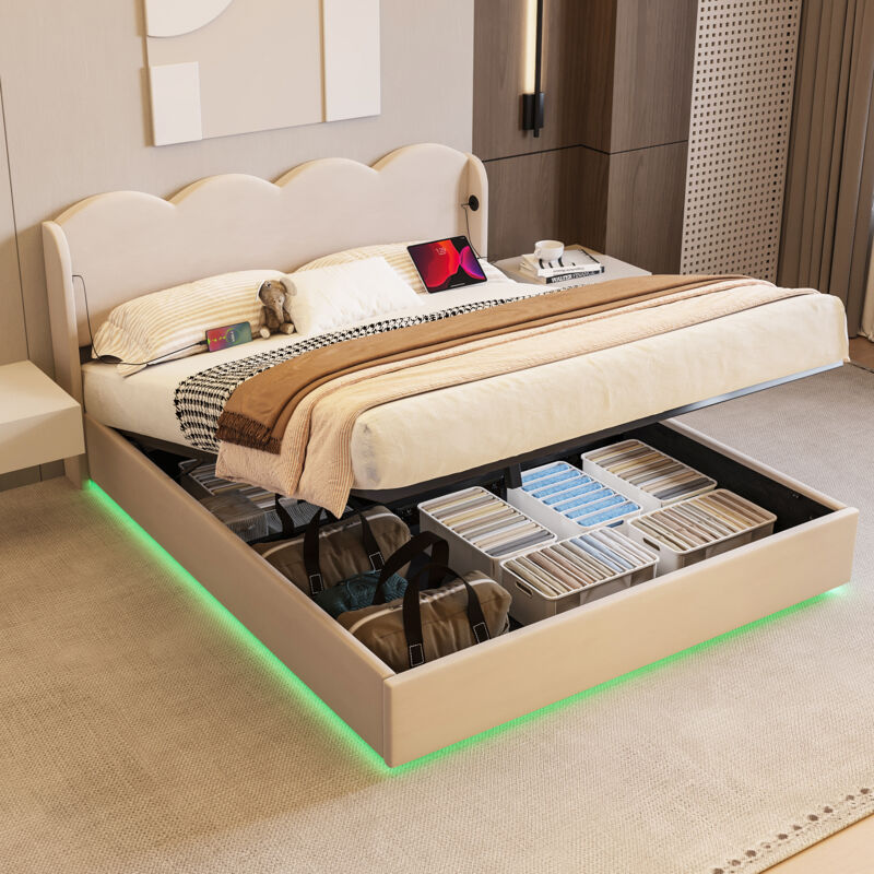 foto del prodotto letto contenitore 140cm 200cm, letto matrimoniale imbottito per adulti, con luce led, usb c, velluto, senza materasso, beige