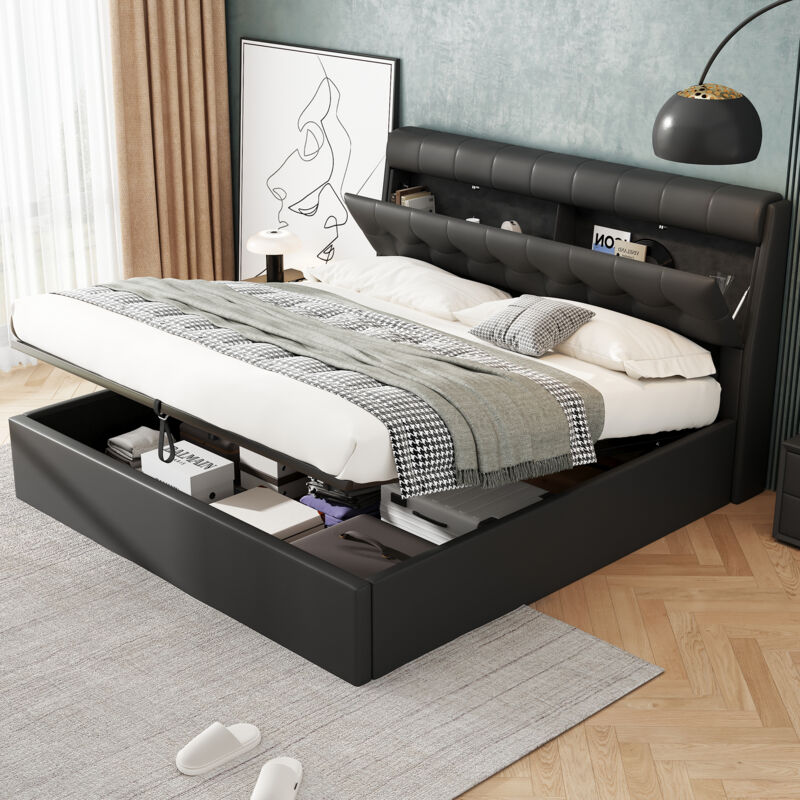 foto del prodotto letto contenitore 140x190 cm, letto imbottito idraulico per adulti, testiera con contenitore, pu, senza materasso, nero