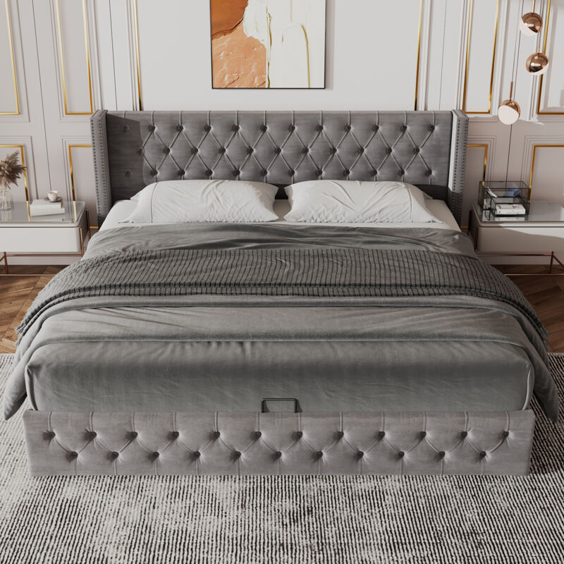 foto del prodotto letto contenitore 140x190 cm, letto matrimoniale imbottito con contenitore idraulico, rete in tessuto non tessuto impermeabile nero, grigio, senza