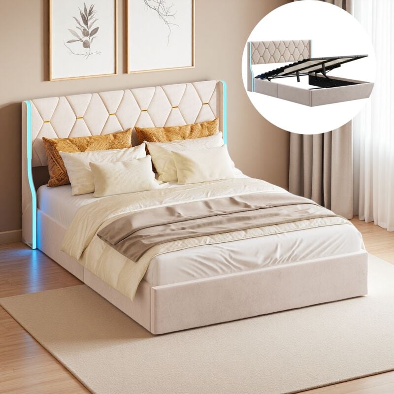 foto del prodotto letto contenitore 140x190 cm, velluto, striscia luminosa a led, rete a doghe in legno massello, ampio spazio contenitivo, letto matrimoniale