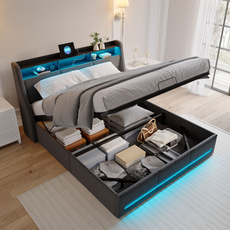 foto del prodotto letto contenitore 140x190, letto 140x190 con base, letto per adulti, letto matrimoniale, con led regolabile e ricarica usb, tessuto lino, grigio scuro