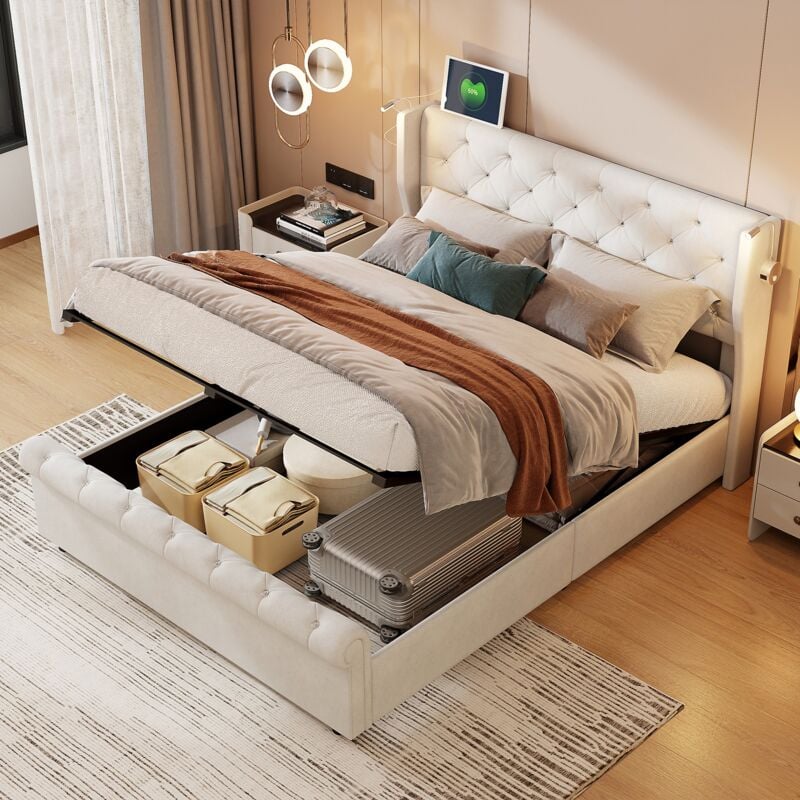 foto del prodotto letto contenitore 140x190cm, velluto, testiera imbottita con 2 luci di lettura e ricarica usb, letto matrimoniale con contenitore, rete a doghe,