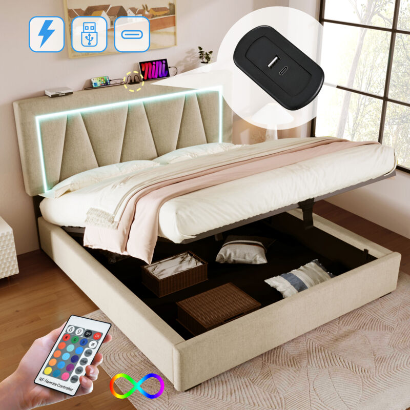 foto del prodotto letto contenitore 140x200 cm, con ricarica usb tipo c, led, letto matrimoniale, lino, beige senza materasso 
