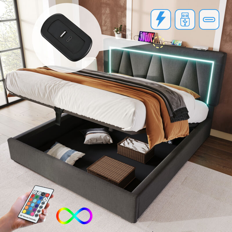 foto del prodotto letto contenitore 140x200 cm, con ricarica usb tipo c, led, letto matrimoniale, lino, grigio senza materasso 