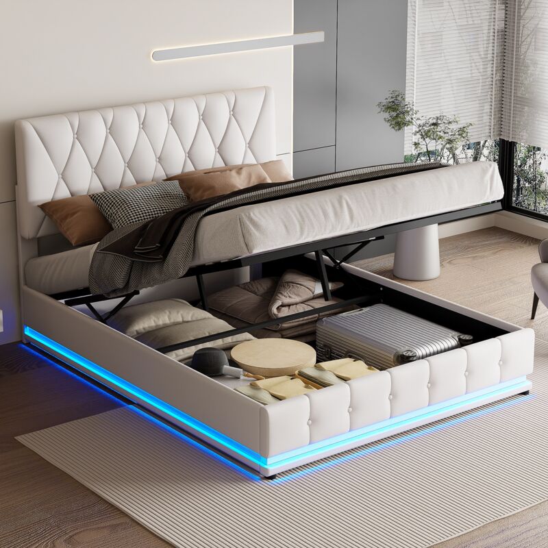 foto del prodotto letto contenitore 140x200 cm con testiera diamond, illuminazione led e box letto, sollevamento idraulico, rete a doghe, letto per adulti in stile