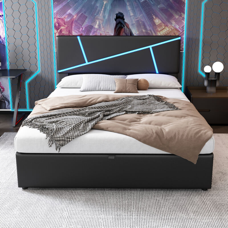 foto del prodotto letto contenitore 140x200 cm, letto 140x200 cm con strisce luminose a led e rete a doghe, similpelle, nero, senza materasso