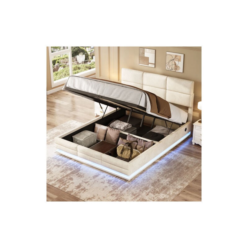 foto del prodotto letto contenitore 140x200 cm, letto a led per adulti, letto imbottito beige con caricabatterie usb, struttura in velluto delicato sulla pelle, senza
