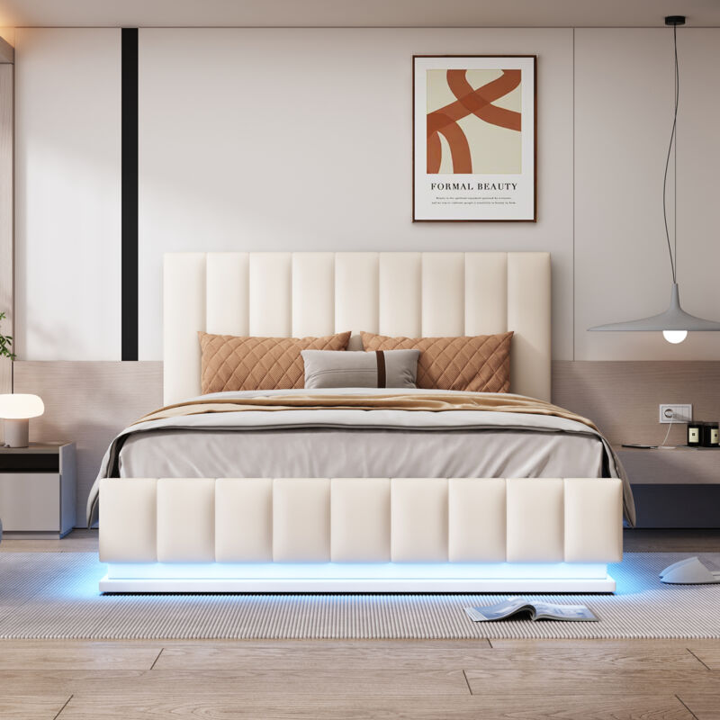 foto del prodotto letto contenitore 140x200 cm, letto adulto led, letto imbottito con rete a doghe e testiera imbottita, in similpelle, bianco, senza materasso