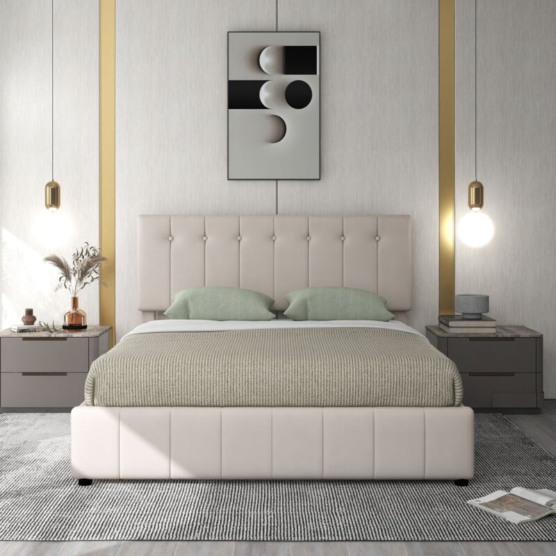 foto del prodotto letto contenitore 140x200 cm, letto adulto, letto matrimoniale imbottito con testiera regolabile, in tessuto velluto, bianco