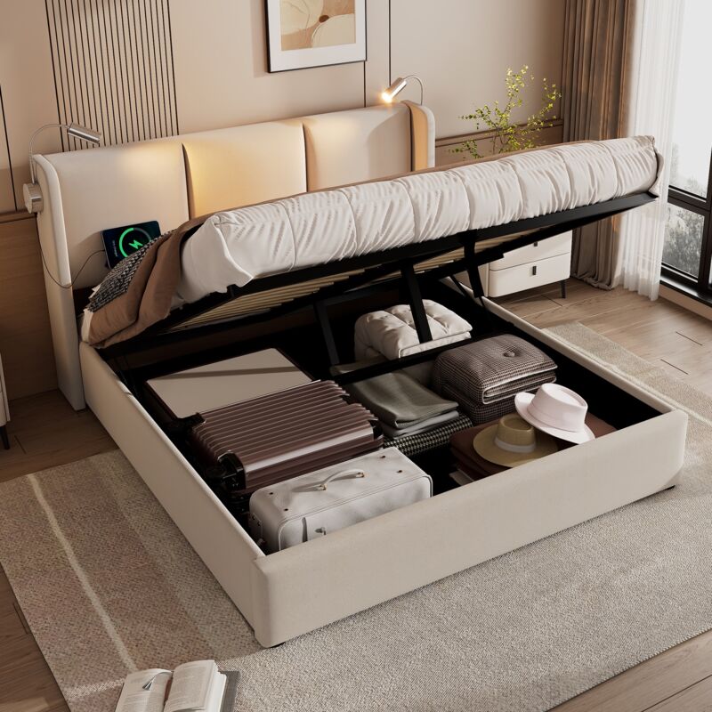 foto del prodotto letto contenitore 140x200 cm, letto imbottito beige con lampada da lettura con testiera usb, letto matrimoniale in lino, senza materasso