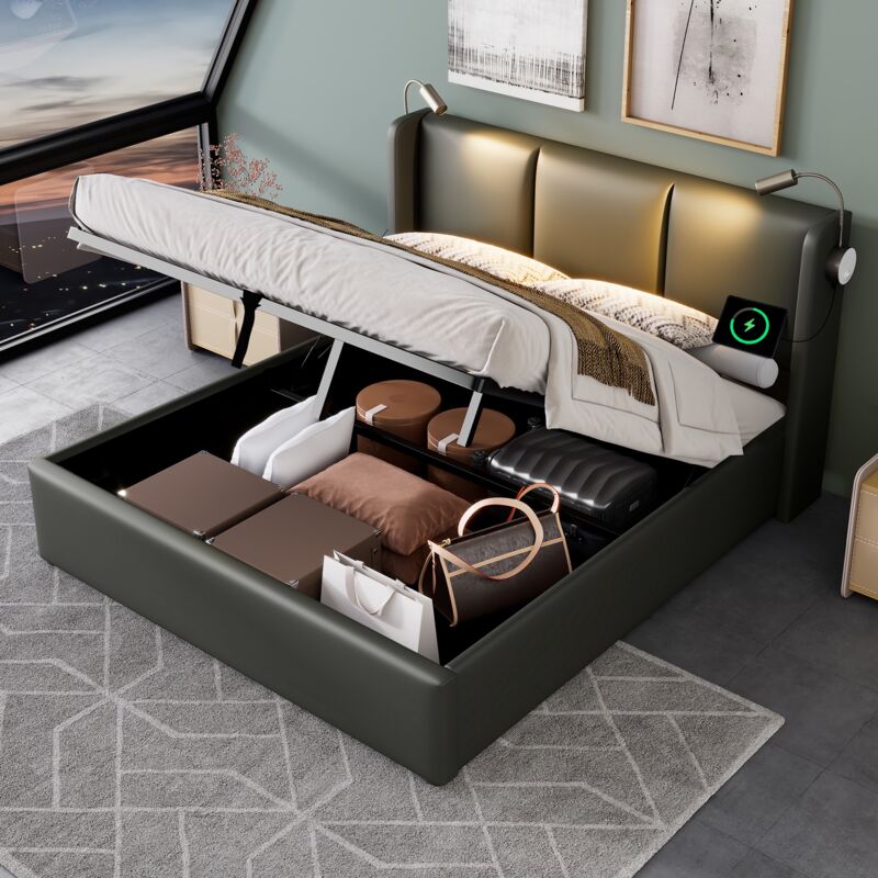 foto del prodotto letto contenitore 140x200 cm, letto imbottito con lampada da lettura con testiera usb, letto matrimoniale in pu, grigio, senza materasso