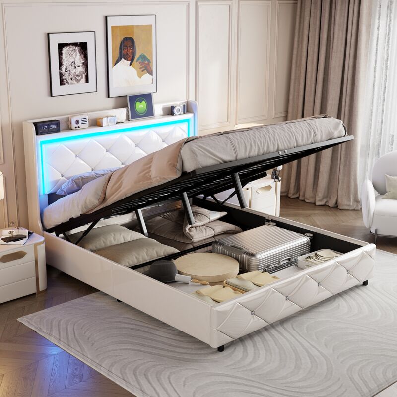 foto del prodotto letto contenitore 140x200 cm, letto matrimoniale con rete a doghe, testiera con decorazione a rombi, illuminazione a led e porta di ricarica usb,