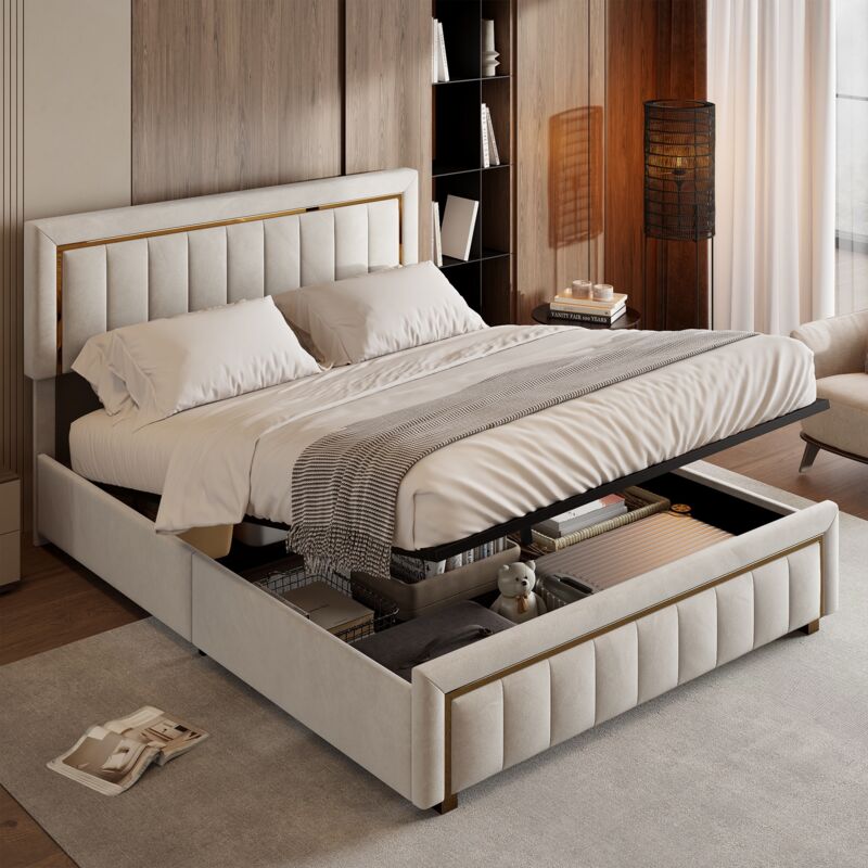 foto del prodotto letto contenitore 140x200 cm, letto matrimoniale con testiera a venatura verticale, rete a doghe, vano portabiancheria, giroletto bianco