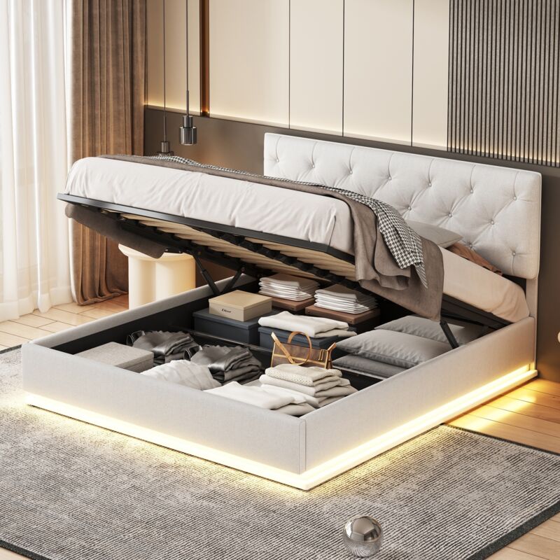 foto del prodotto letto contenitore 140x200 cm, letto matrimoniale con testiera imbottita con decorazione a rivetti e illuminazione a led, rete a doghe, giroletto,