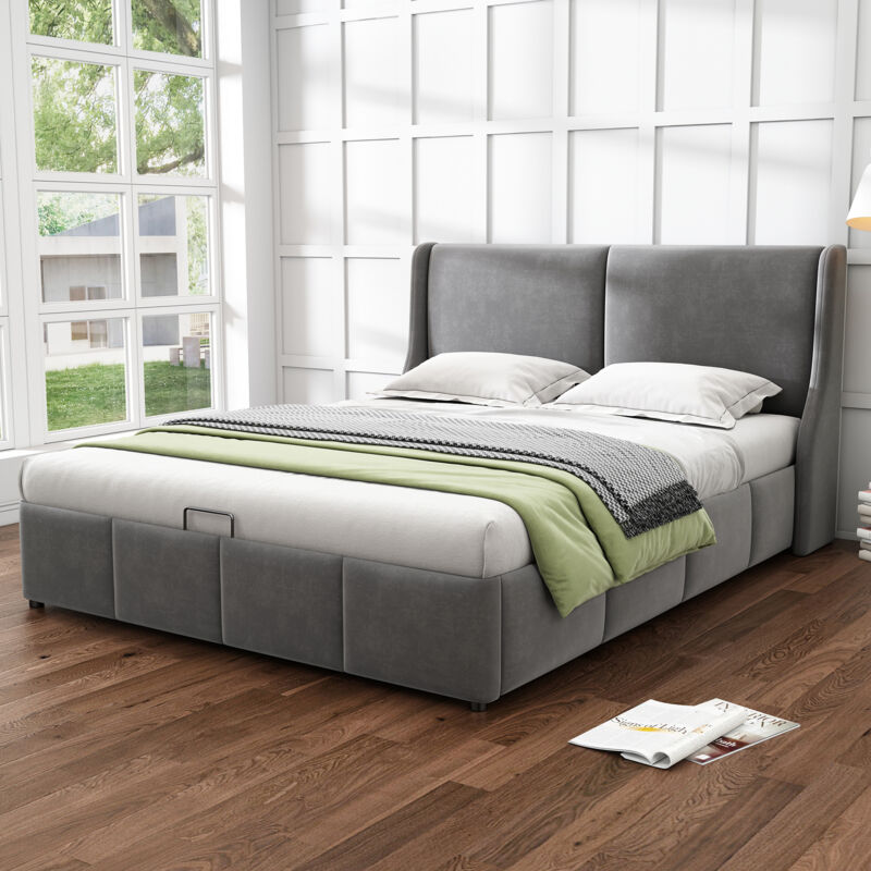 foto del prodotto letto contenitore 140x200 cm, letto matrimoniale imbottito con testiera a forma di orecchio, grigio, senza materasso