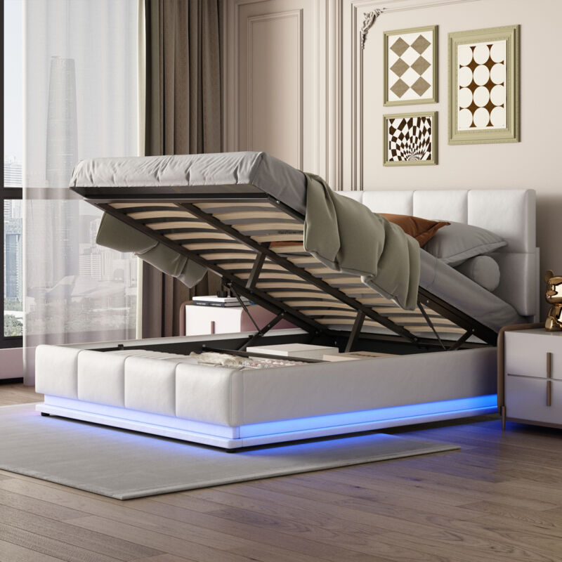 foto del prodotto letto contenitore 140x200 cm, letto matrimoniale, letto per adulti, con rete a doghe, testiera regolabile, striscia luminosa led regolabile, pu,