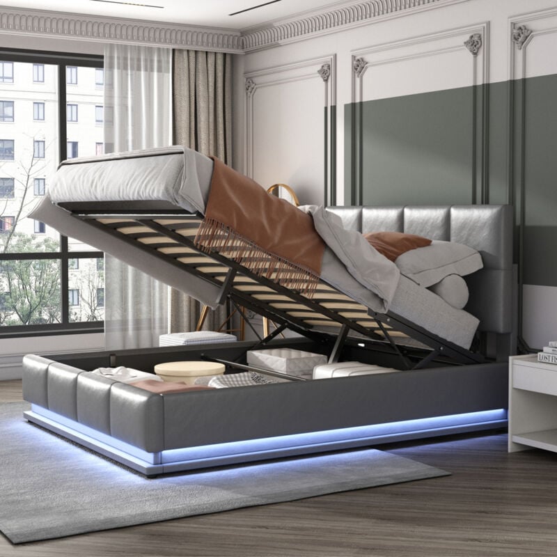 foto del prodotto letto contenitore 140x200 cm, letto matrimoniale, letto per adulti, con rete a doghe, testiera regolabile, striscia luminosa led regolabile, pu,
