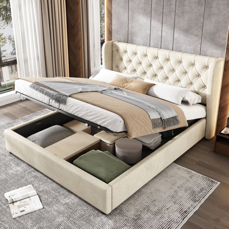 foto del prodotto letto contenitore 140x200 cm, letto per adulti, letto imbottito beige a forma di orecchio con rete a doghe, velluto, senza materasso