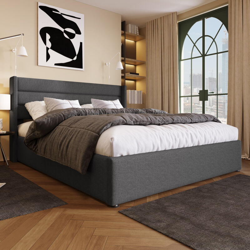 foto del prodotto letto contenitore 140x200 cm, letto per adulti, letto matrimoniale imbottito con rete a doghe, lino, grigio, senza materasso, senza base