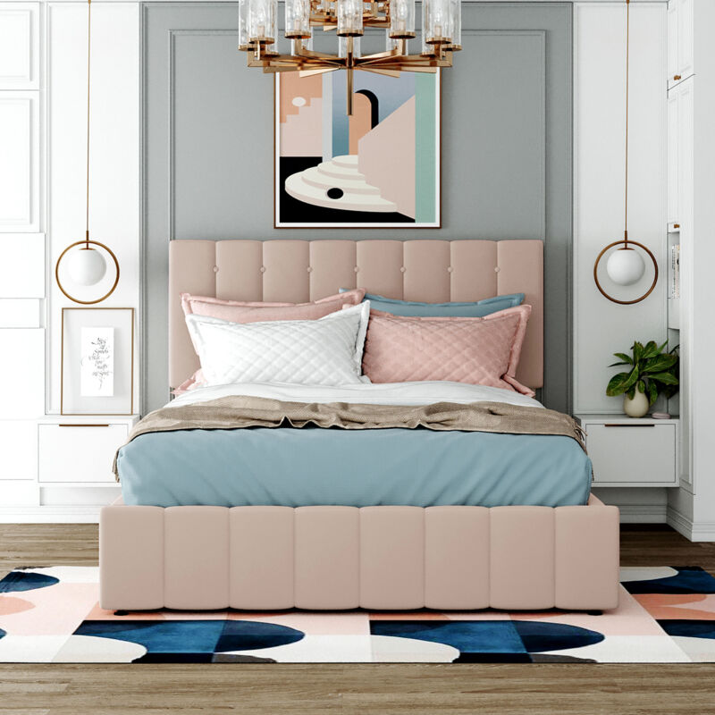 foto del prodotto letto contenitore 140x200 cm, letto per adulti, letto matrimoniale imbottito con testiera regolabile, in tessuto velluto, beige