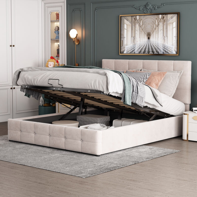 foto del prodotto letto contenitore 140x200 cm, letto per adulti, letto per ragazzi con testiera imbottita regolabile e rete a doghe in metallo, velluto, bianco
