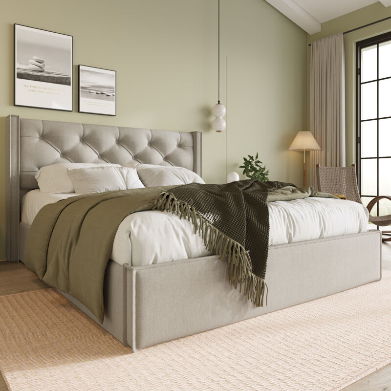 foto del prodotto letto contenitore 140x200 cm, letto per bambini, letto per adulti, letto imbottito con rete a doghe metalliche, cotone, grigio chiaro, senza materasso
