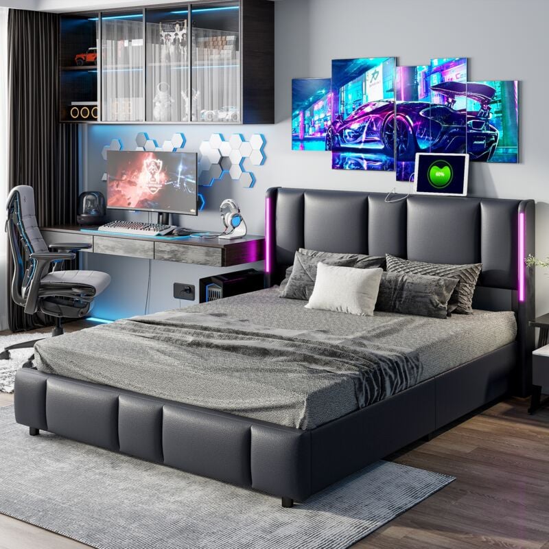 foto del prodotto letto contenitore 140x200 cm similpelle, testiera a righe verticali con illuminazione led, letto matrimoniale con usb tcpy c, contenitore con leva
