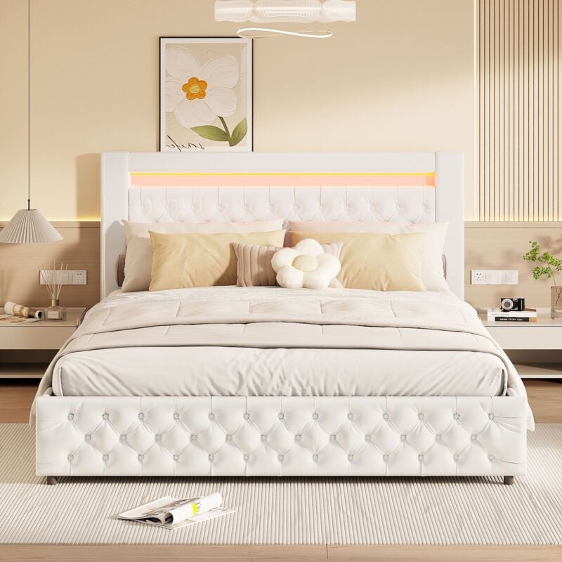 foto del prodotto letto contenitore 140x200 cm similpelle, testiera diamante, letto matrimoniale con illuminazione led, base in metallo, rete a doghe, letto adulto