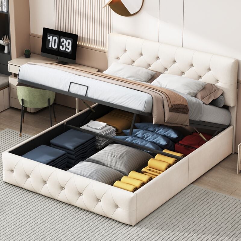 foto del prodotto letto contenitore 140x200 cm - tessuto di lino, letto matrimoniale con contenitore a leva idraulica, testiera imbottita a diamante, giroletto, rete a