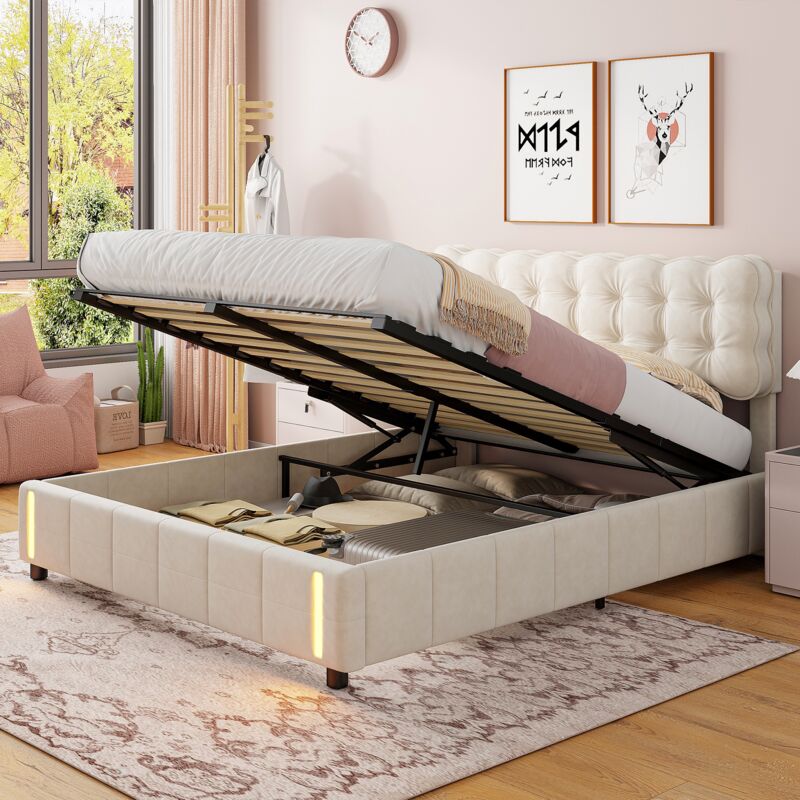 foto del prodotto letto contenitore 140x200 cm tessuto in velluto, letto matrimoniale con contenitore idraulico, illuminazione fondoletto a led, testiera imbottita,