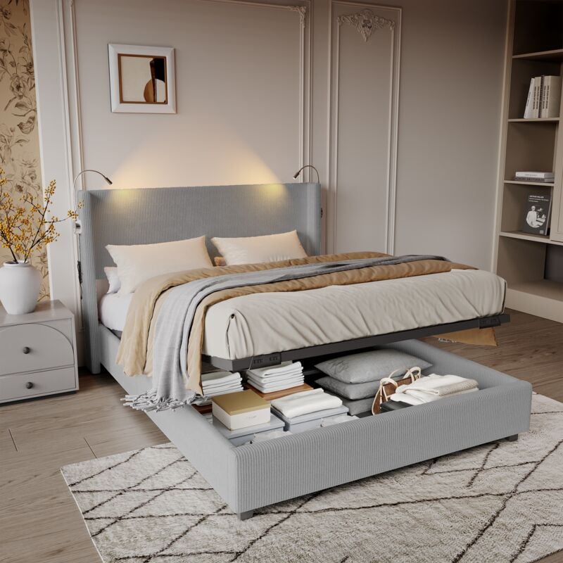 foto del prodotto letto contenitore 140x200 cm, velluto a coste, testiera con 2 luci di lettura e porte usb, giroletto, contenitore, rete a doghe, letto matrimoniale