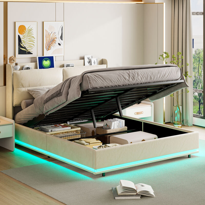 foto del prodotto letto contenitore 140x200, letto 140x200 con rete a doghe, letto matrimoniale, con luce led orientabile e ricarica usb, schienale morbido