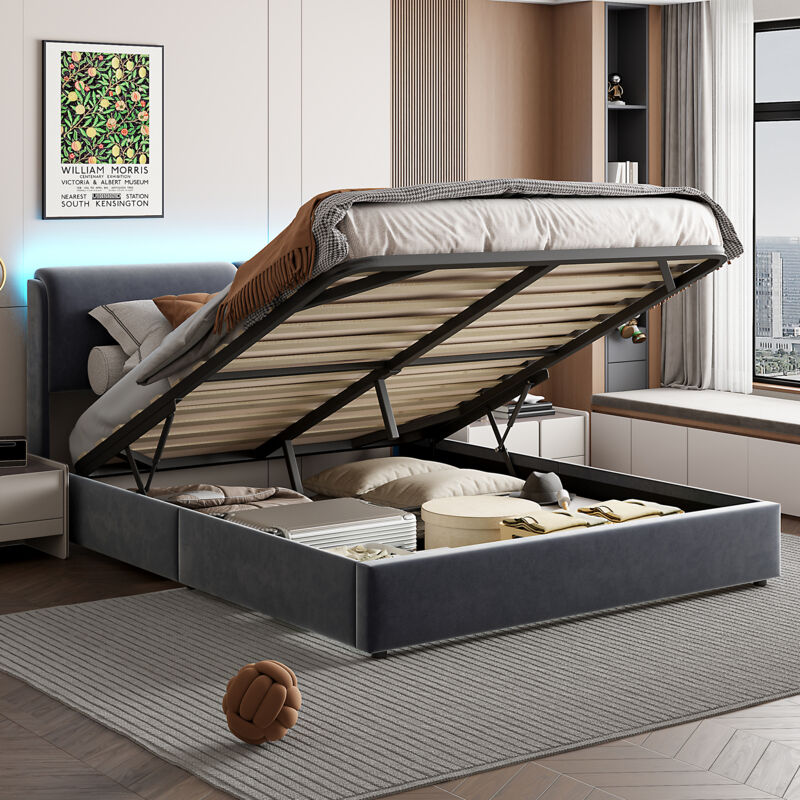 foto del prodotto letto contenitore 140x200, letto 140x200 con rete a doghe, letto per adulti con schienale morbido, led regolabile, tessuto in velluto, grigio scuro