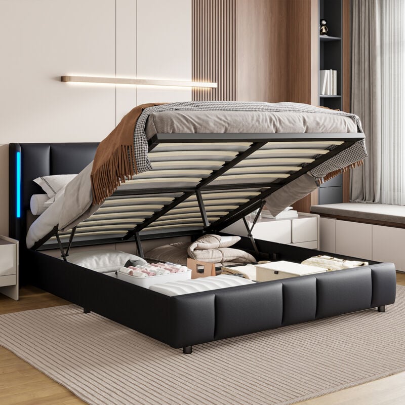 foto del prodotto letto contenitore 140x200,letto matrimoniale 140x200,letto matrimoniale contenitore,strutture letto sommier,con led, con ricarica usb e type c,pu,nero