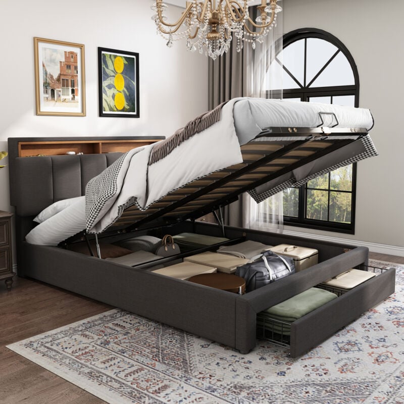 foto del prodotto letto contenitore 140x200, letto matrimoniale 140x200, letto per adulti, con cassetti contenitore, letto matrimoniale, con rete a doghe, luci led,