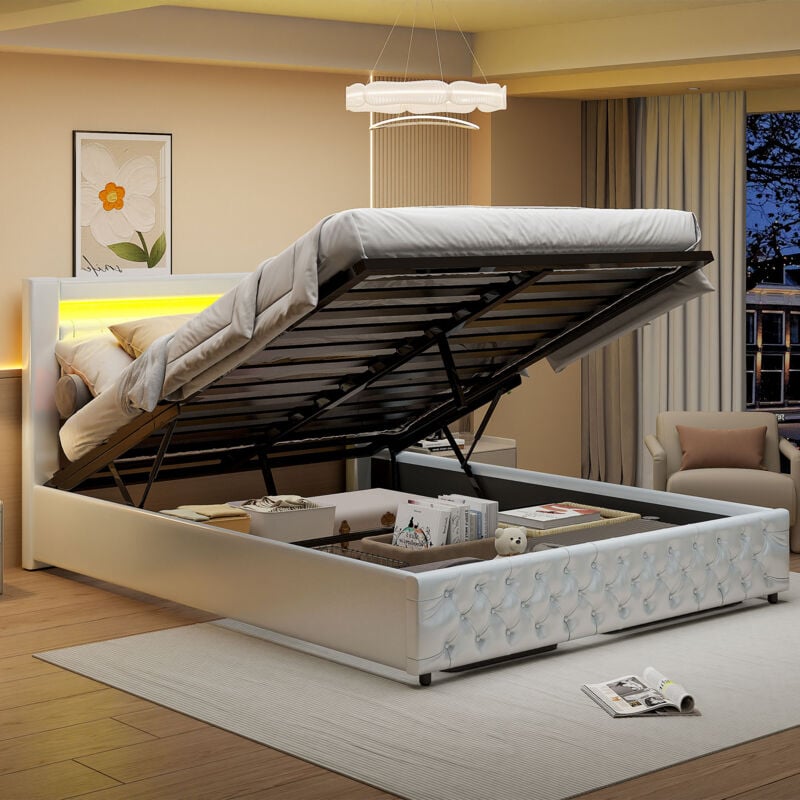foto del prodotto letto contenitore 140x200, letto per adulti, letto matrimoniale, letto imbottito con rete a doghe, led regolabile, con testiera, pu, bianco