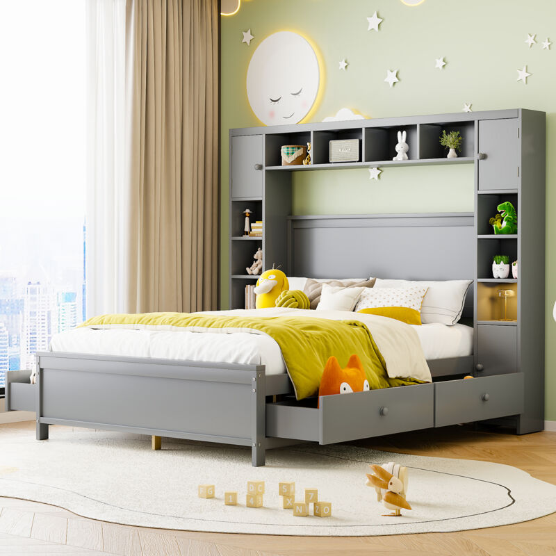 immagine 0 del prodotto letto contenitore 140x200cm, con 4 cassetti ampi ripiani portaoggetti, letto matrimoniale, legno massello, grigio