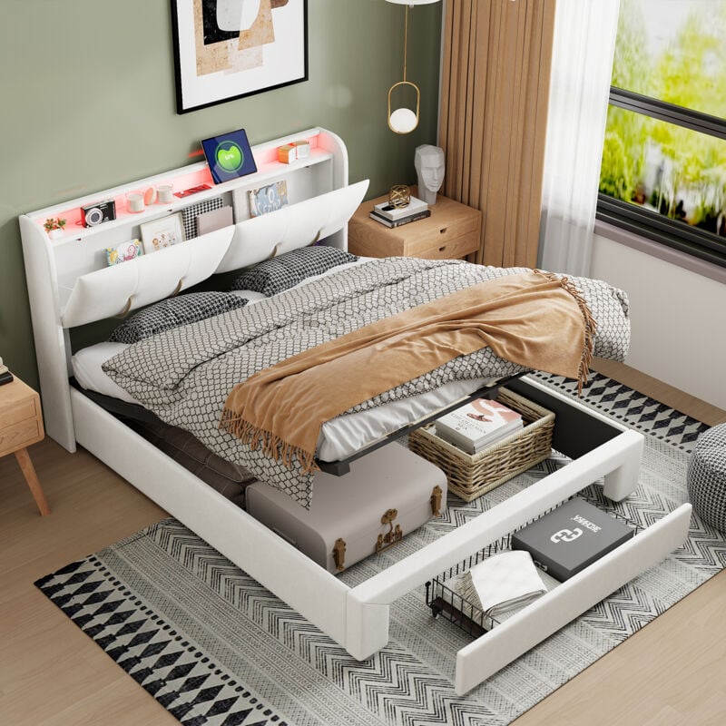 foto del prodotto letto contenitore 140x200cm con cassetto in velluto con rete a doghe e testiera led retrattile, vano porta caricabatterie bianco beige