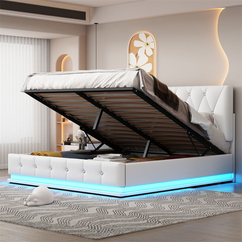foto del prodotto letto contenitore 140x200cm con led matrimoniale con rete a doghe, testiera prismatica, rivestimento in similpelle bianco per afulti