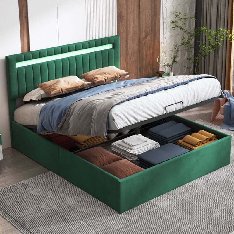 foto del prodotto letto contenitore 140x200cm, letto imbottito testiera con illuminazione led, rete a doghe, ampio spazio contenitore, base in metallo, verde