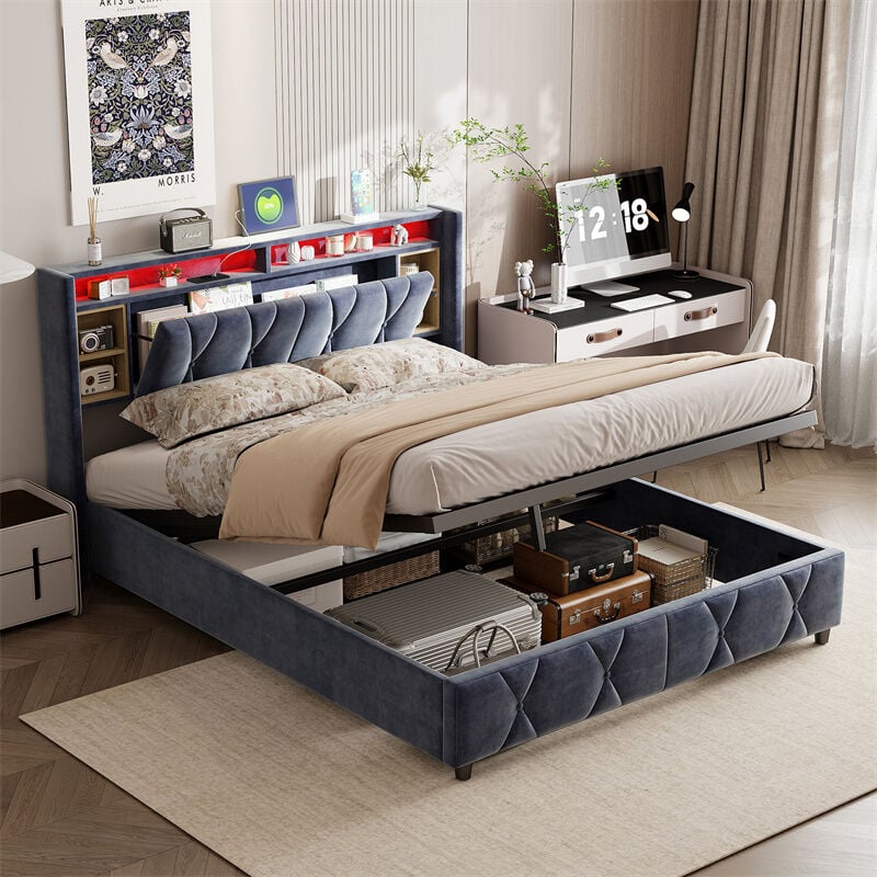 foto del prodotto letto contenitore 140x200cm matrimoniale con rete a doghe e testiera led con porta usb type c, tessuto velluto grigio