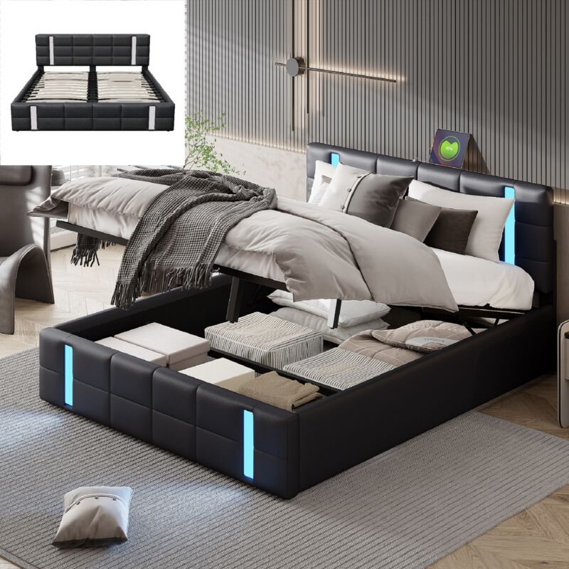 foto del prodotto letto contenitore 140x200cm matrimoniale led con rete a doghe e testiera con porta usb similpelle pu nero