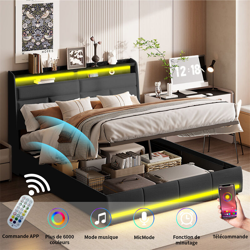 foto del prodotto letto contenitore 140x200cm matrimoniale led con rete a doghe, testiera a mensola per afulti similpelle pu nero