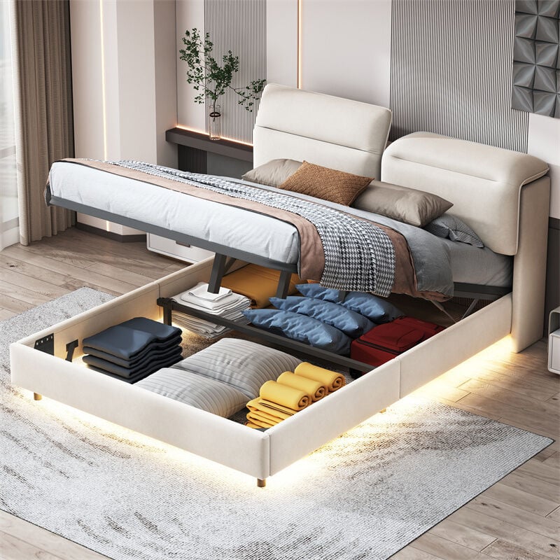 foto del prodotto letto contenitore 140x200cm matrimoniale led con rete a doghe, testiera pieghevole e piedini nascosti, velluto beige