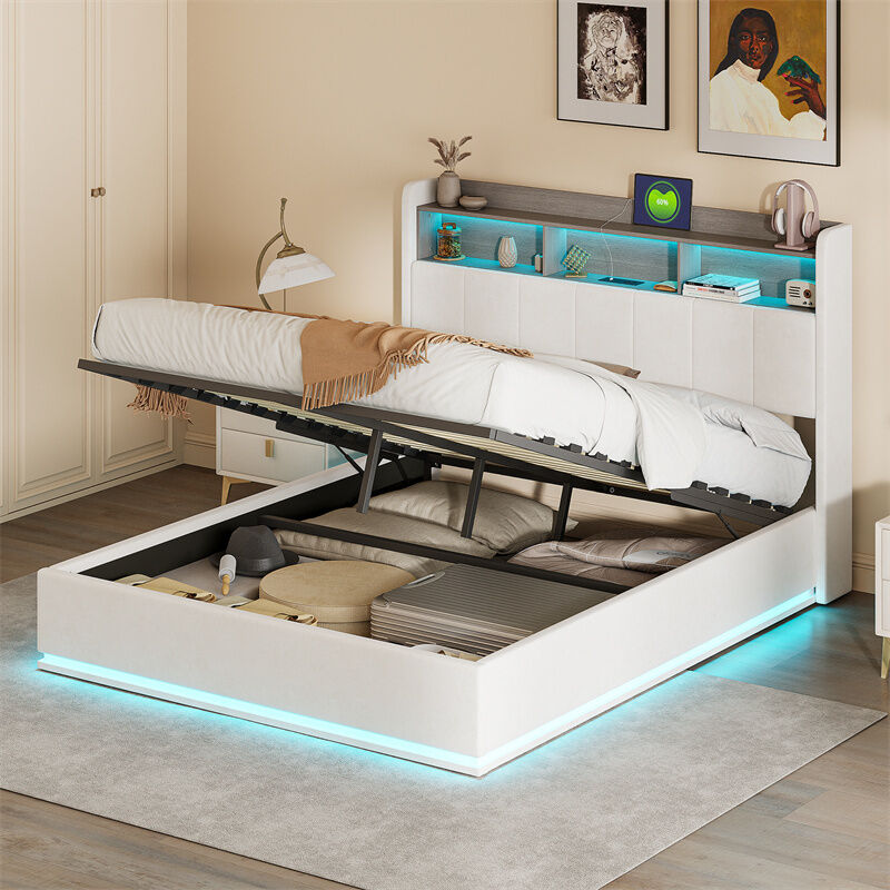 foto del prodotto letto contenitore 140x200cm matrimoniale led imbottito con rete a doghe, testiera con vano porta caricabatterie, flanella bianco
