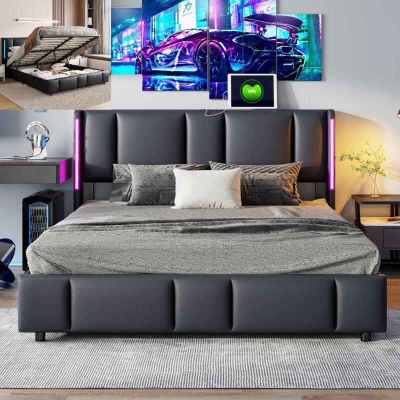 foto del prodotto letto contenitore 140x200cm matrimoniale per adulti con rete a doghe e testiera led con porta usb c similpelle nera