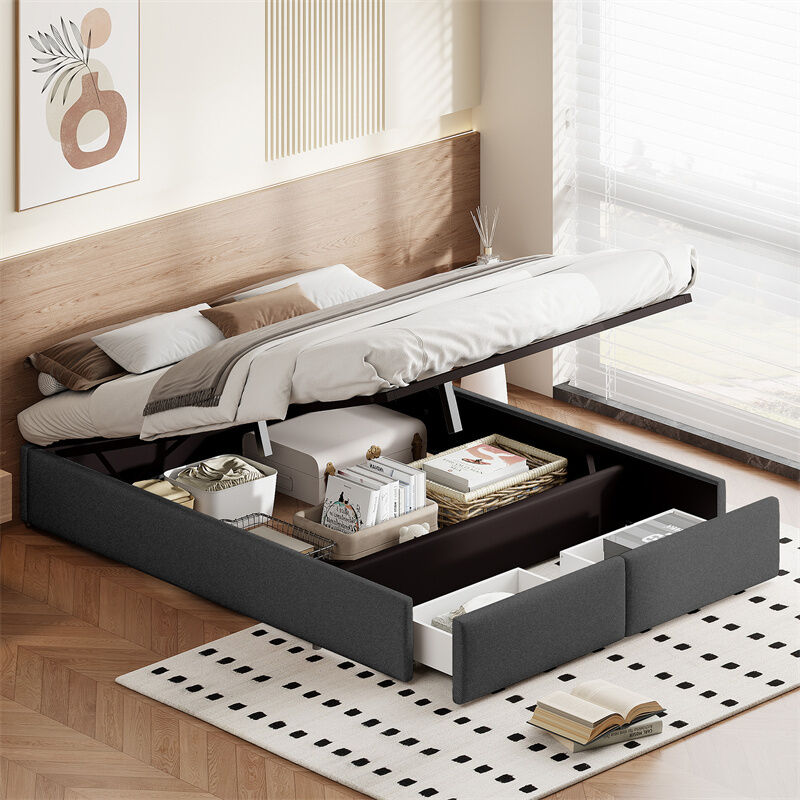 foto del prodotto letto contenitore 140x200cm struttura imbottita con rete a doghe e 2 cassetti, senza testiera, lino grigio